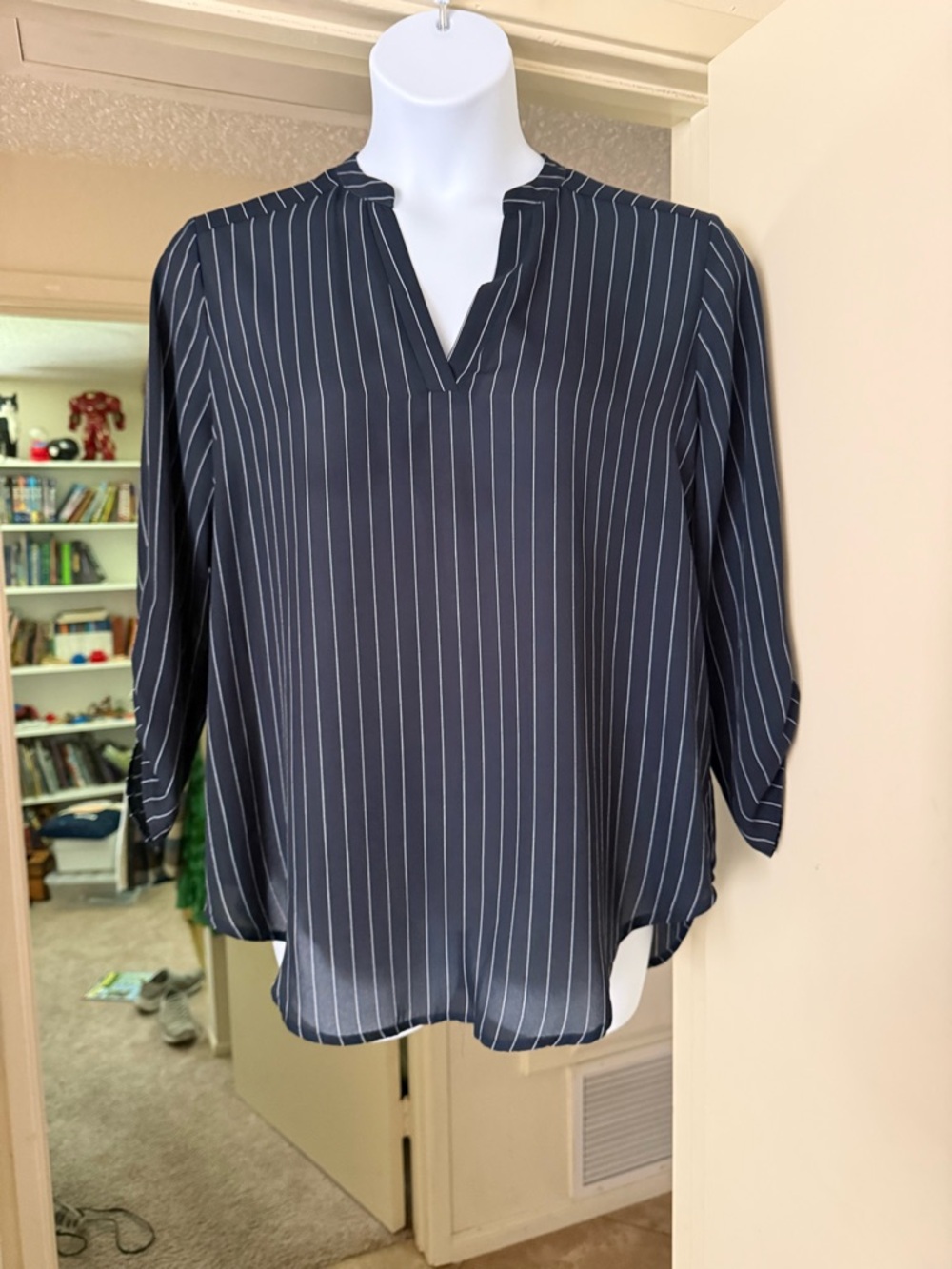 Lush Navy and White Pinstripe V-Neck Blouse